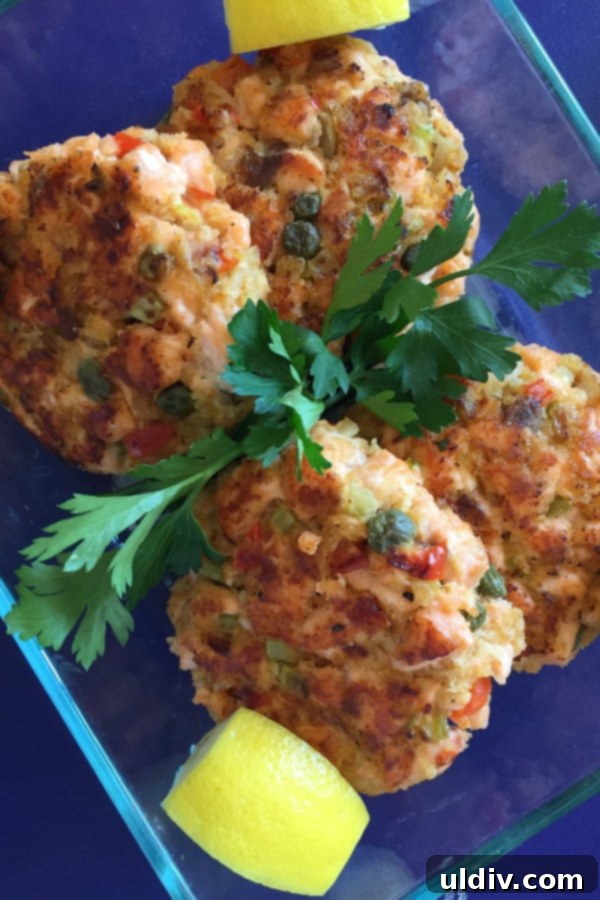 Crispy Salmon & Caper Patties 4 4 salmon patties with lemon wedges