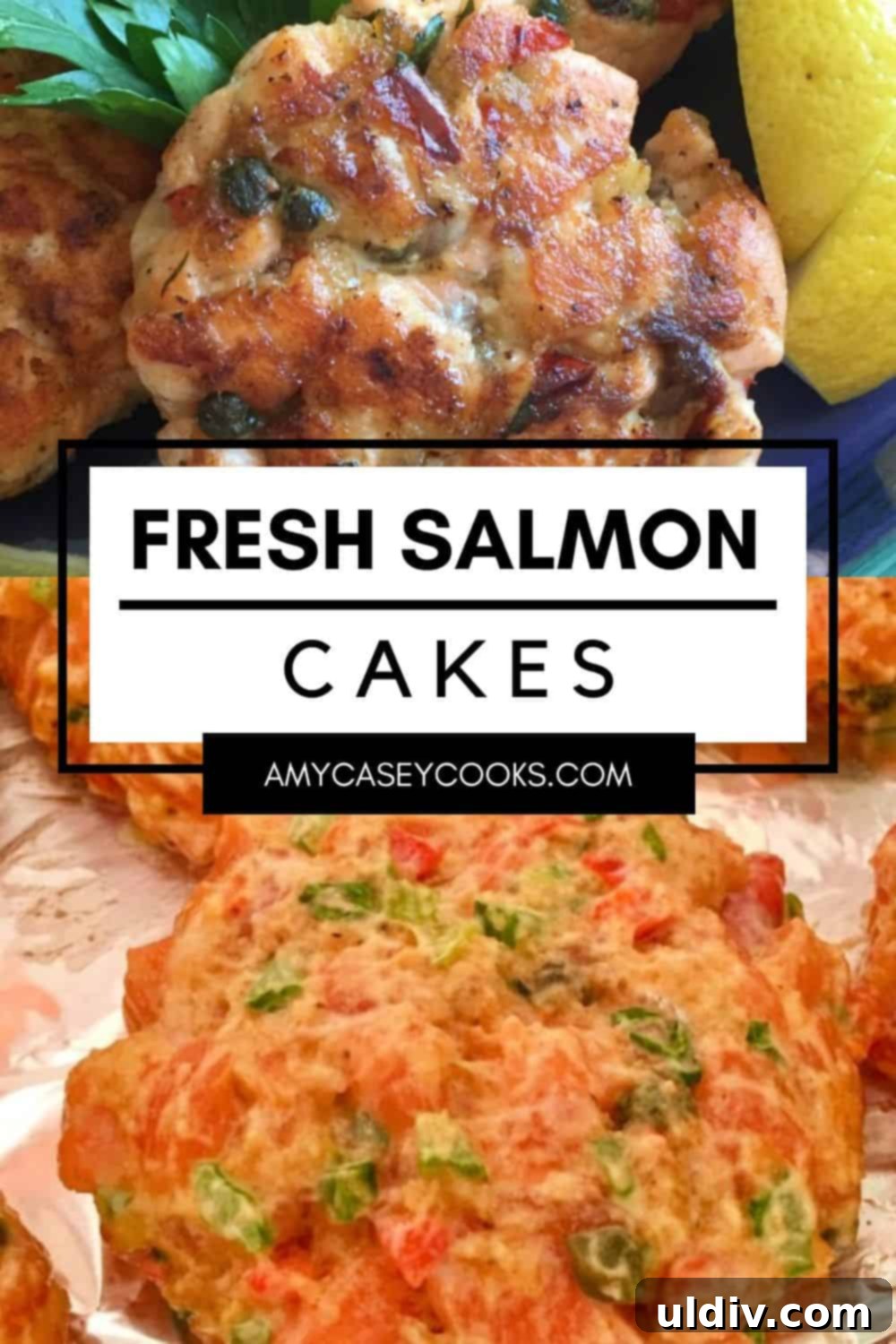 Crispy Salmon & Caper Patties 5 fresh salmon cakes that are cooked and uncooked.