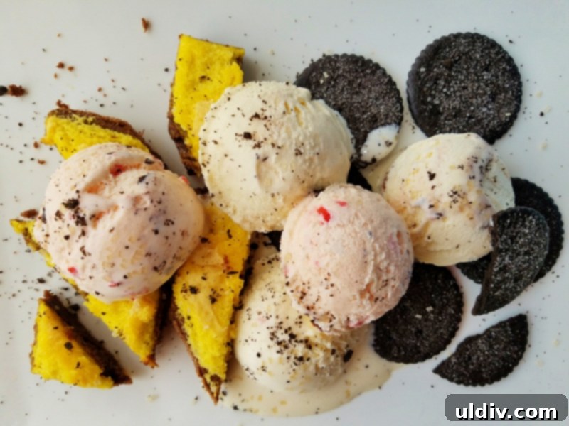 A scoop of vanilla ice cream with various toppings in a bowl