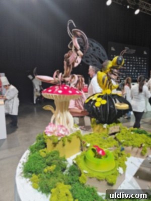 Sugar sculpture of a bee and mushrooms
