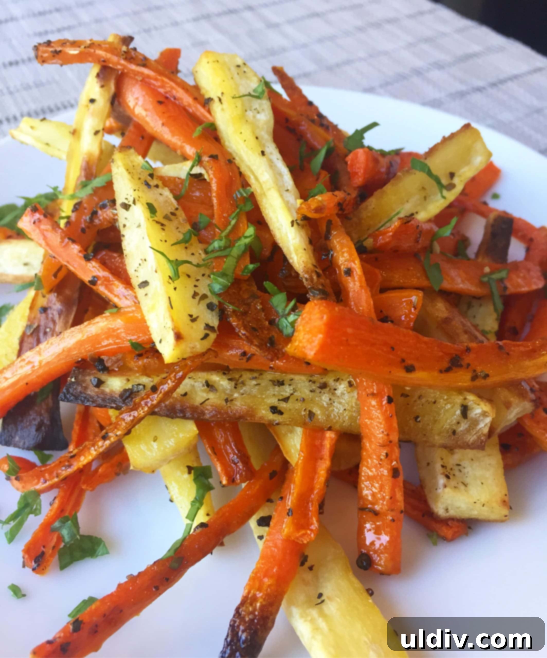 Crispy Roasted Carrot and Parsnip Fries 2 Crispy roasted carrot and parsnip fries ready to be served