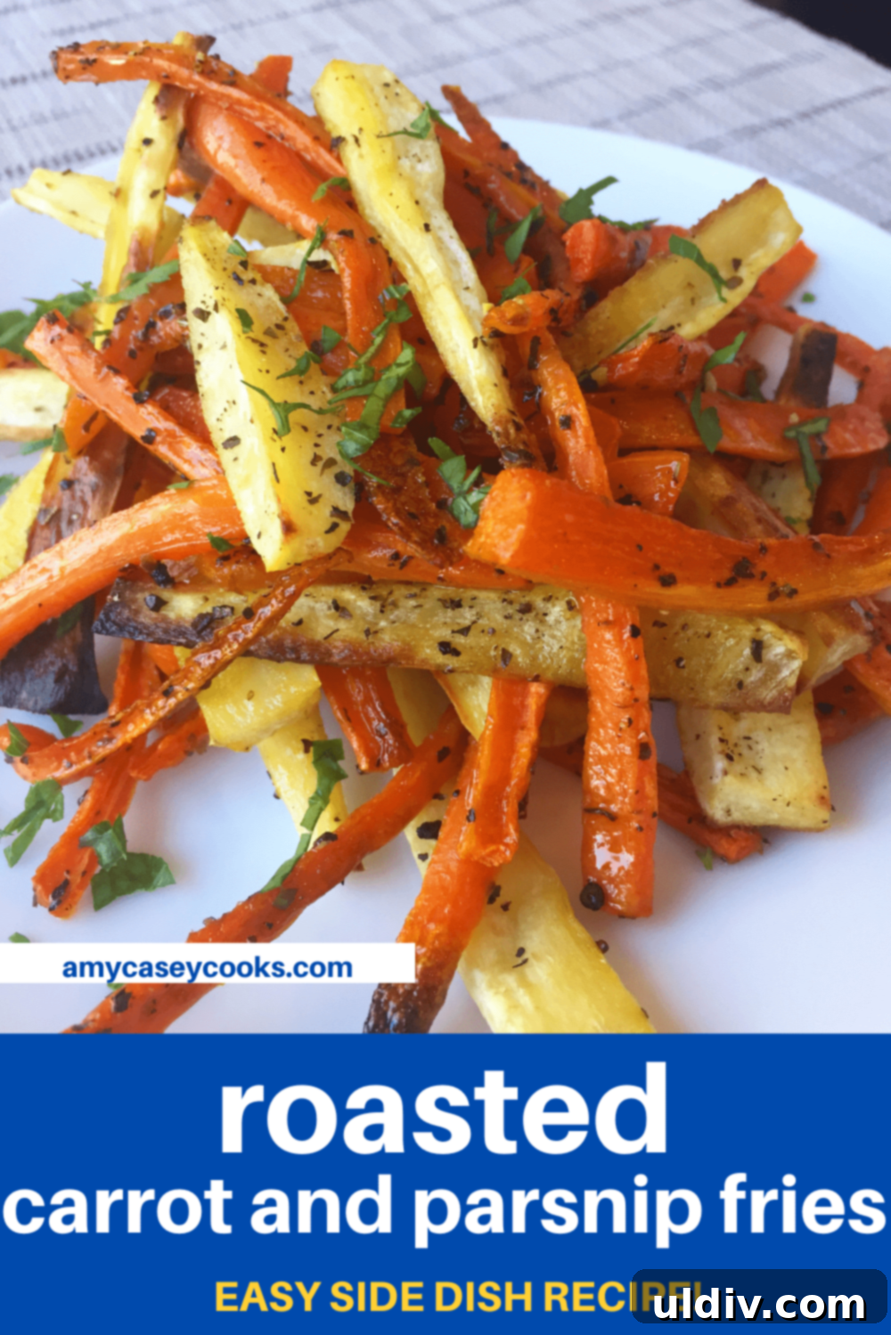Crispy Oven-Baked Carrot and Parsnip Sticks 7 A close-up shot of a plate of perfectly roasted carrot and parsnip fries
