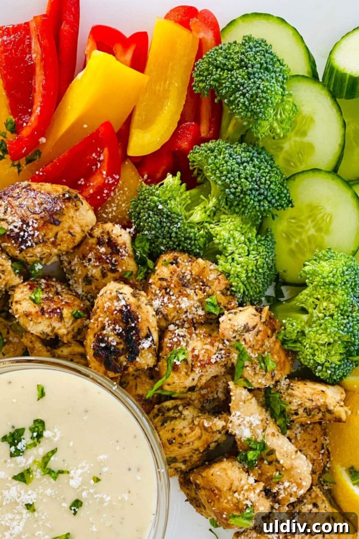Herb-Roasted Italian Chicken with Creamy Caesar Dip 2 Plated Italian herb chicken alongside fresh vegetables and a bowl of creamy Caesar dip.