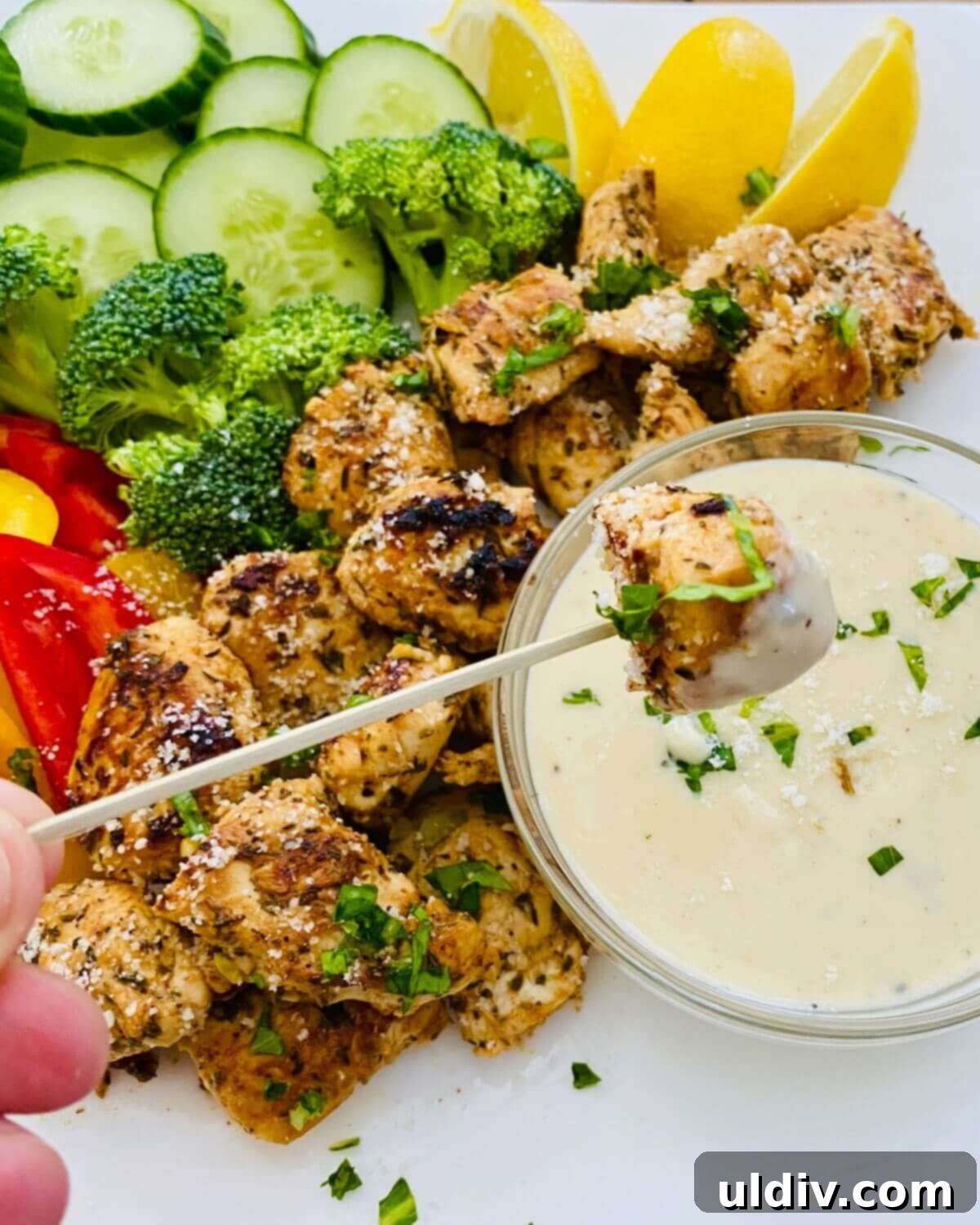 Zesty Italian Herb Chicken with Creamy Caesar Dip 3 appetizer with sauteed poultry, veggies and dip.