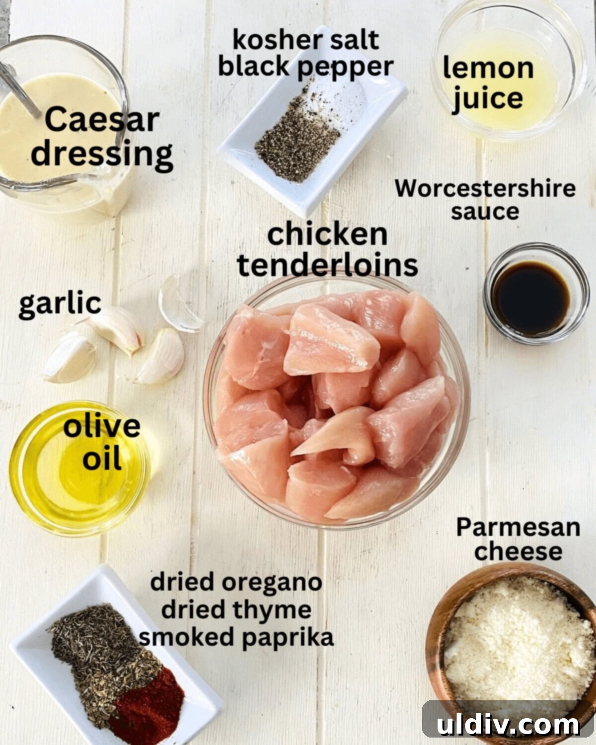 Zesty Italian Herb Chicken with Creamy Caesar Dip 4 tenderloins, salt, pepper, Caesar dressing, garlic, dried herbs.