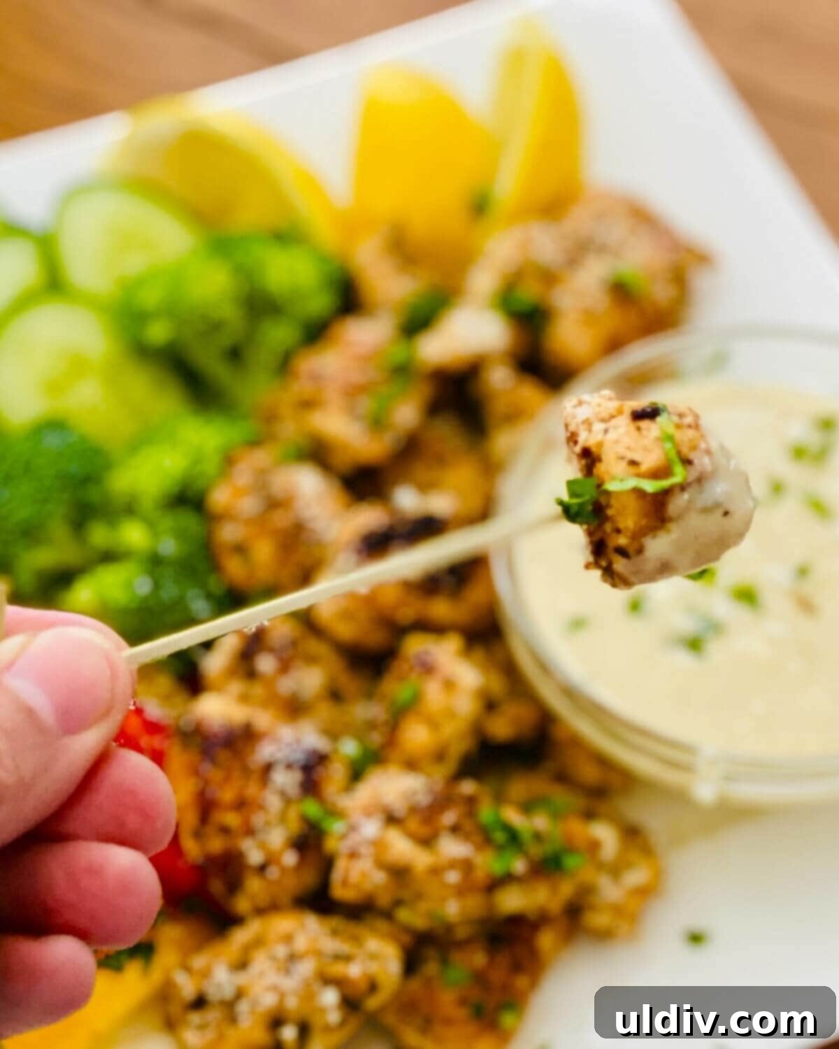 Zesty Italian Herb Chicken with Creamy Caesar Dip 8 dipping chicken in Caesar dressing dip.