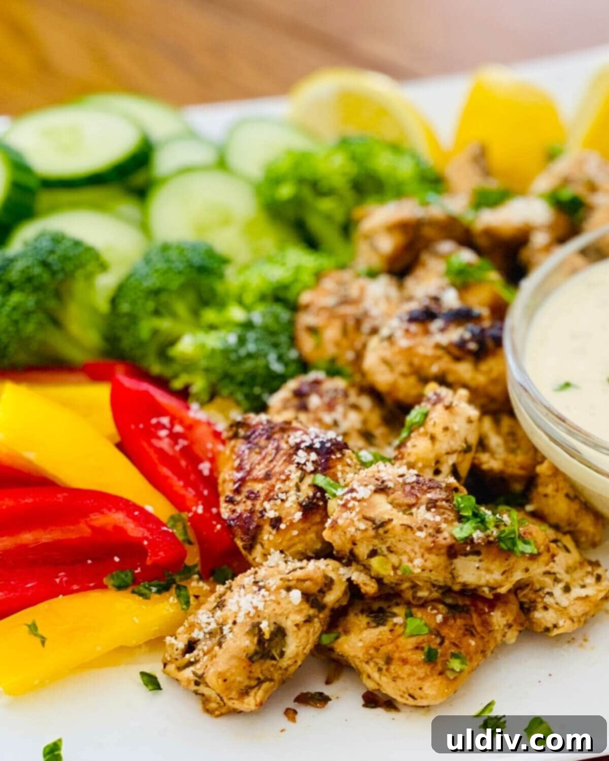 Zesty Italian Herb Chicken with Creamy Caesar Dip 9 sauteed chicken and vegetables.