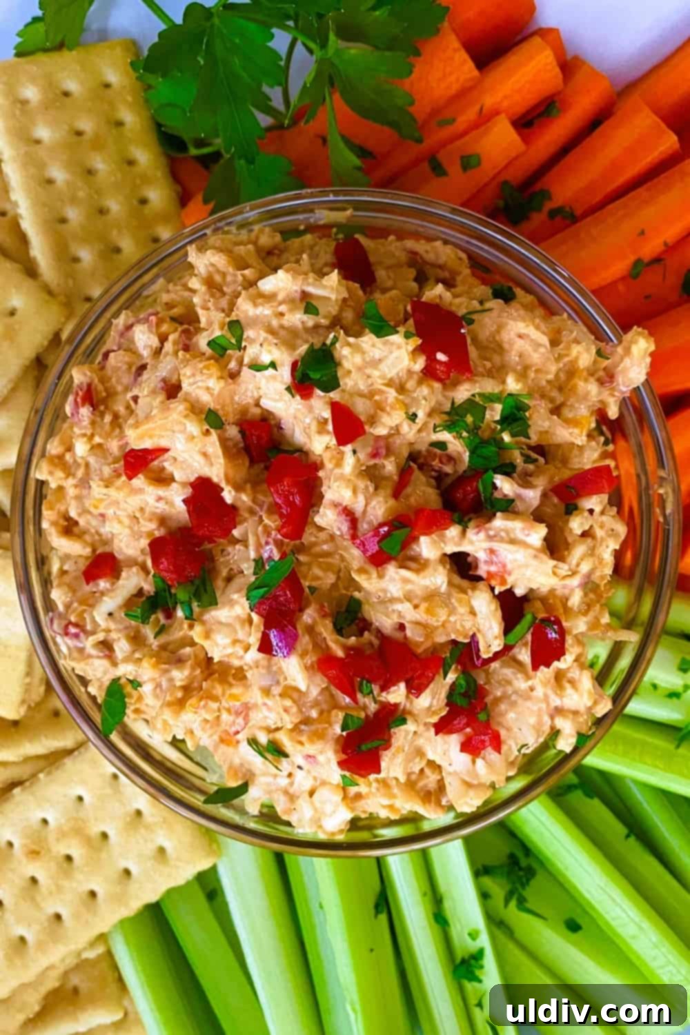 Creamy Pimento Perfection 2 pimento cheese with carrot, celery, and crackers