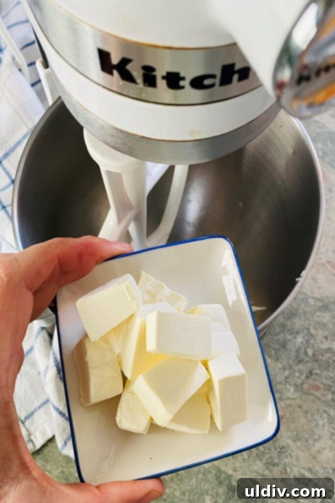 Creamy Pimento Perfection 4 adding cream cheese to mixer