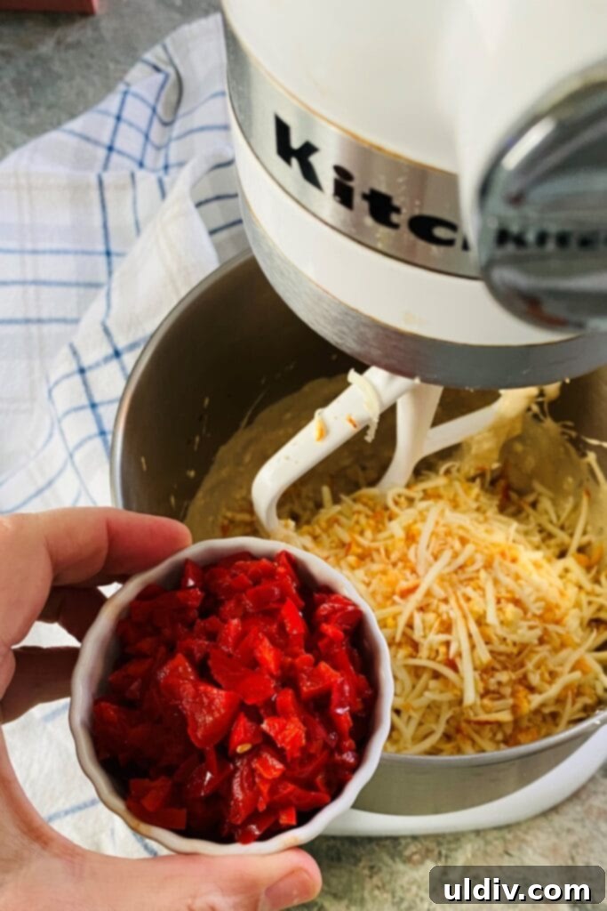 Creamy Pimento Perfection 6 adding peppadew peppers to mixer