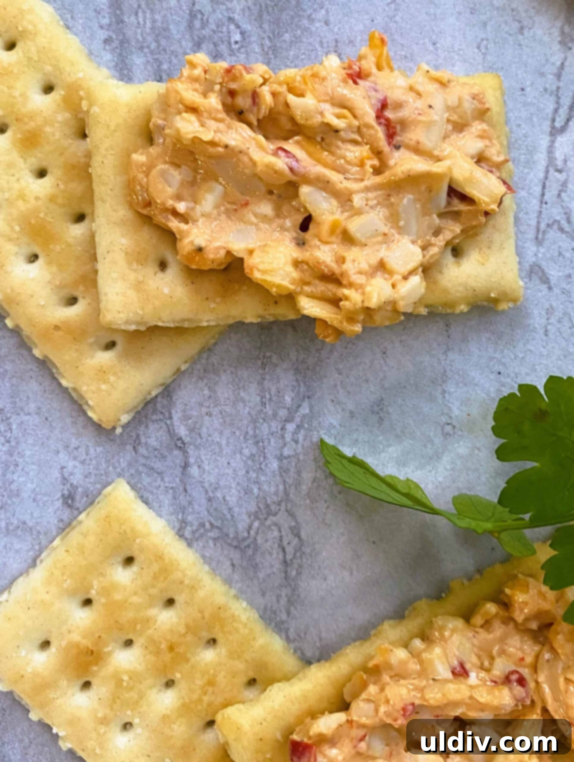 Creamy Pimento Perfection 8 pimento cheese on a cracker