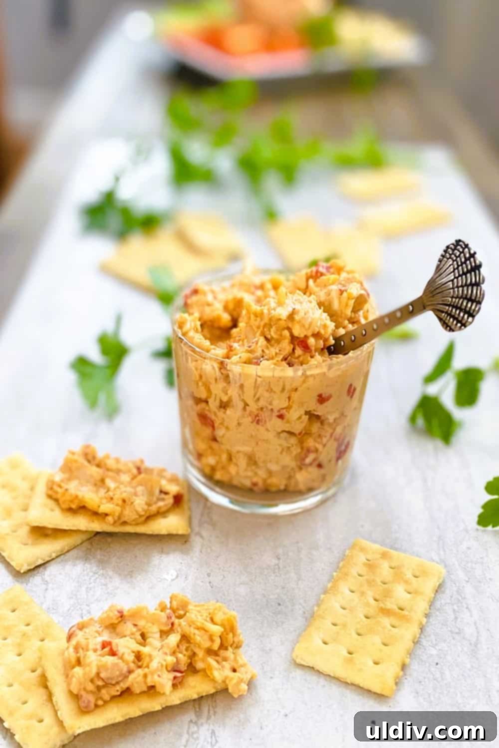 Southern Comfort Homemade Pimento Cheese 9 Jar of homemade pimento cheese with a side of crackers