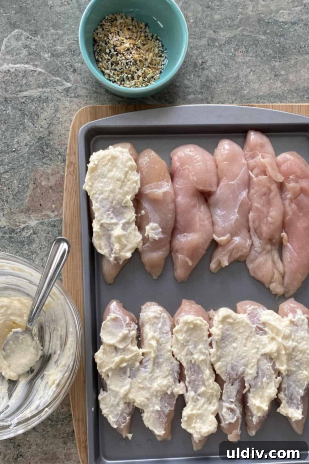 One-Pan Everything Bagel Chicken Dinner 5 chicken tenderloins with parmesan mayonnaise seasoning