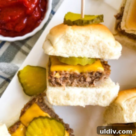 A delicious cheeseburger slider with a dill pickle chip