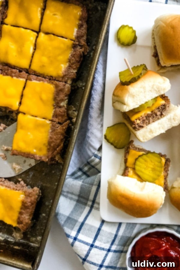 Ultimate Crowd-Pleasing Cheeseburger Sliders 17 Image showing a pan of cheeseburger sliders with melted cheese, alongside finished sliders on buns.