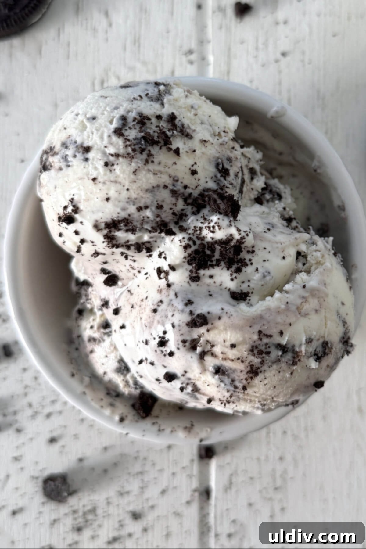 Two scoops of cookies and cream ice cream in a white dish, showcasing its rich texture.