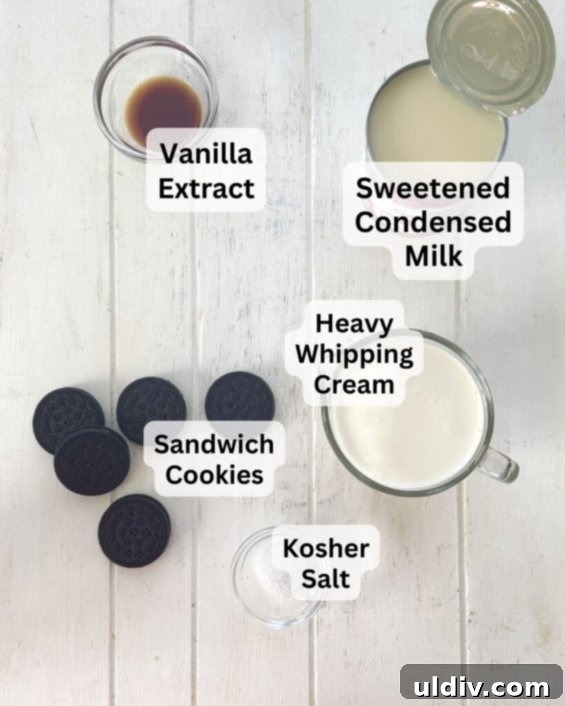 Sweetened condensed milk, vanilla extract, heavy cream, kosher salt, and sandwich cookies – the simple ingredients for no-churn ice cream.