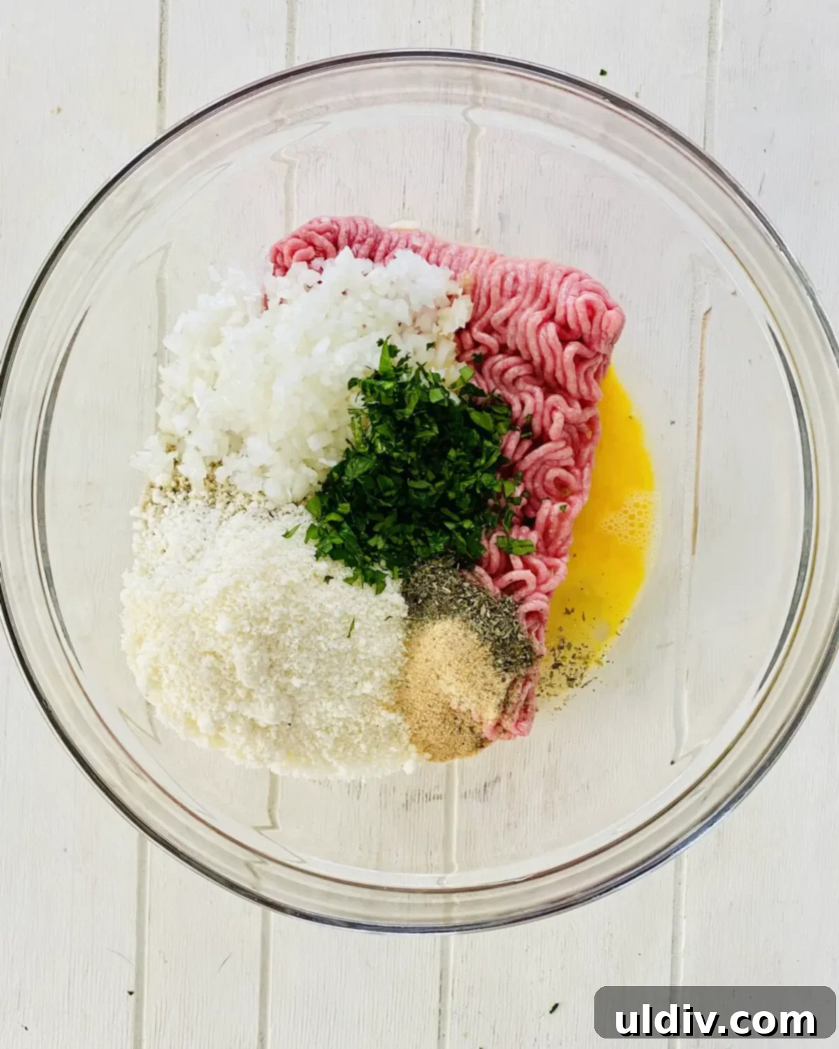 A large bowl containing ground meat, Parmesan cheese, panko breadcrumbs, beaten egg, finely chopped onion, and fresh parsley, ready for mixing.
