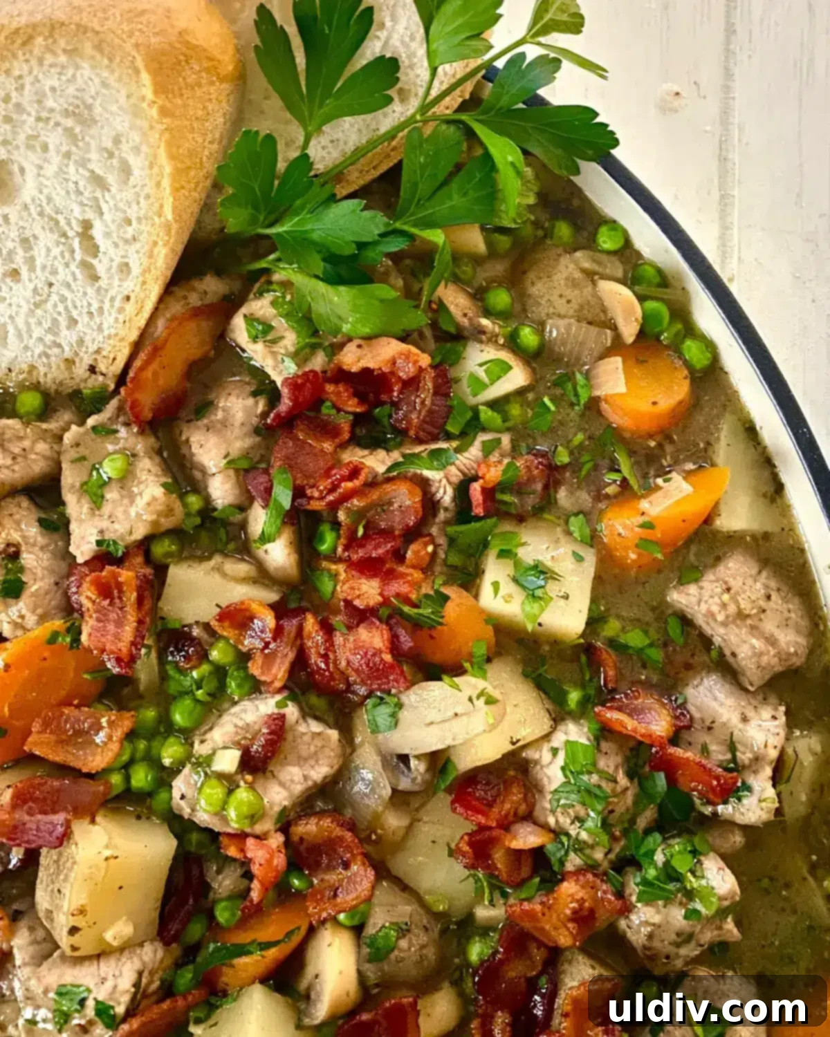 Smoky Pork Tenderloin and Bacon Stew 2 A dish with a pork tenderloin stew recipe with bread.