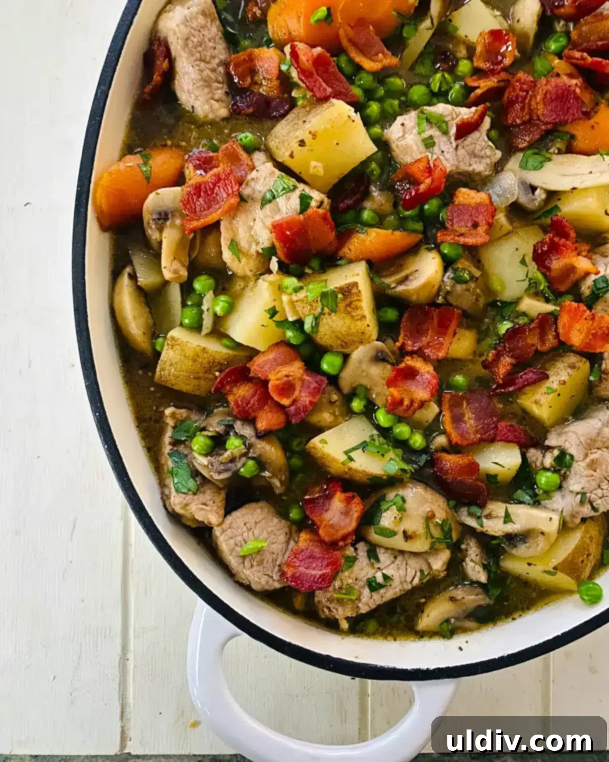 Smoky Pork Tenderloin and Bacon Stew 13 A comfort food one pot dinner with potatoes and carrots.