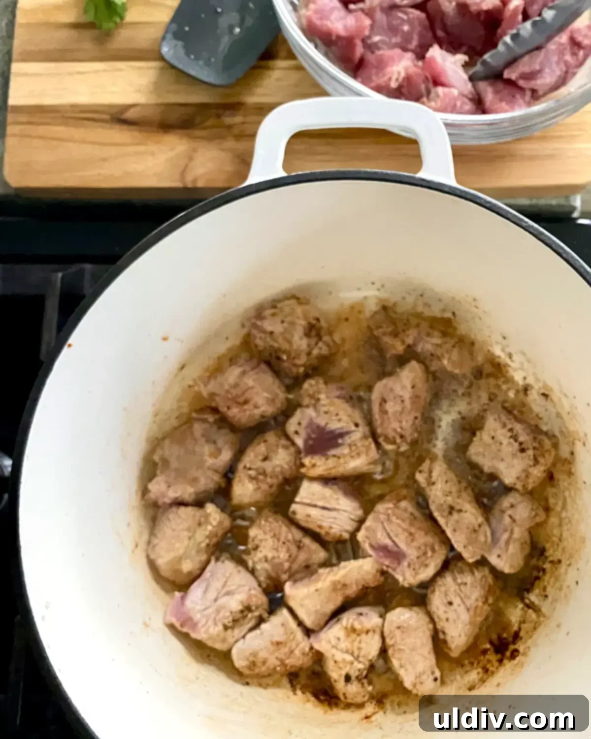 Hearty Pork Tenderloin and Bacon Stew 5 Searing flour-dusted pork tenderloin cubes in the same Dutch oven, browning evenly.