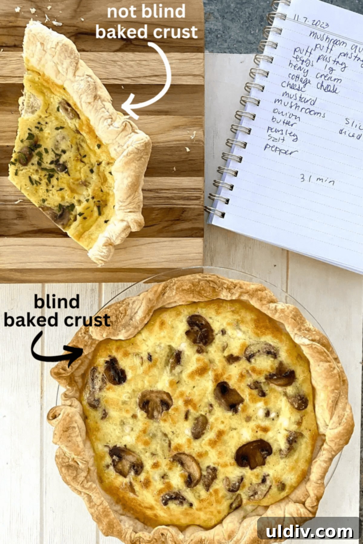 Flaky Puff Pastry Mushroom Quiche 13 A visual comparison highlighting the difference between a golden-brown blind-baked crust and a pale, unbaked crust, emphasizing the importance of proper preparation.