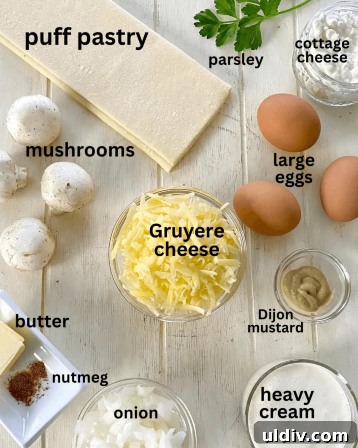 Golden Flaky Mushroom Quiche 3 eggs, puff pastry, cheese, onions, mustard, parsley, mushrooms, butter, nutmeg, heavy cream, cottage cheese.