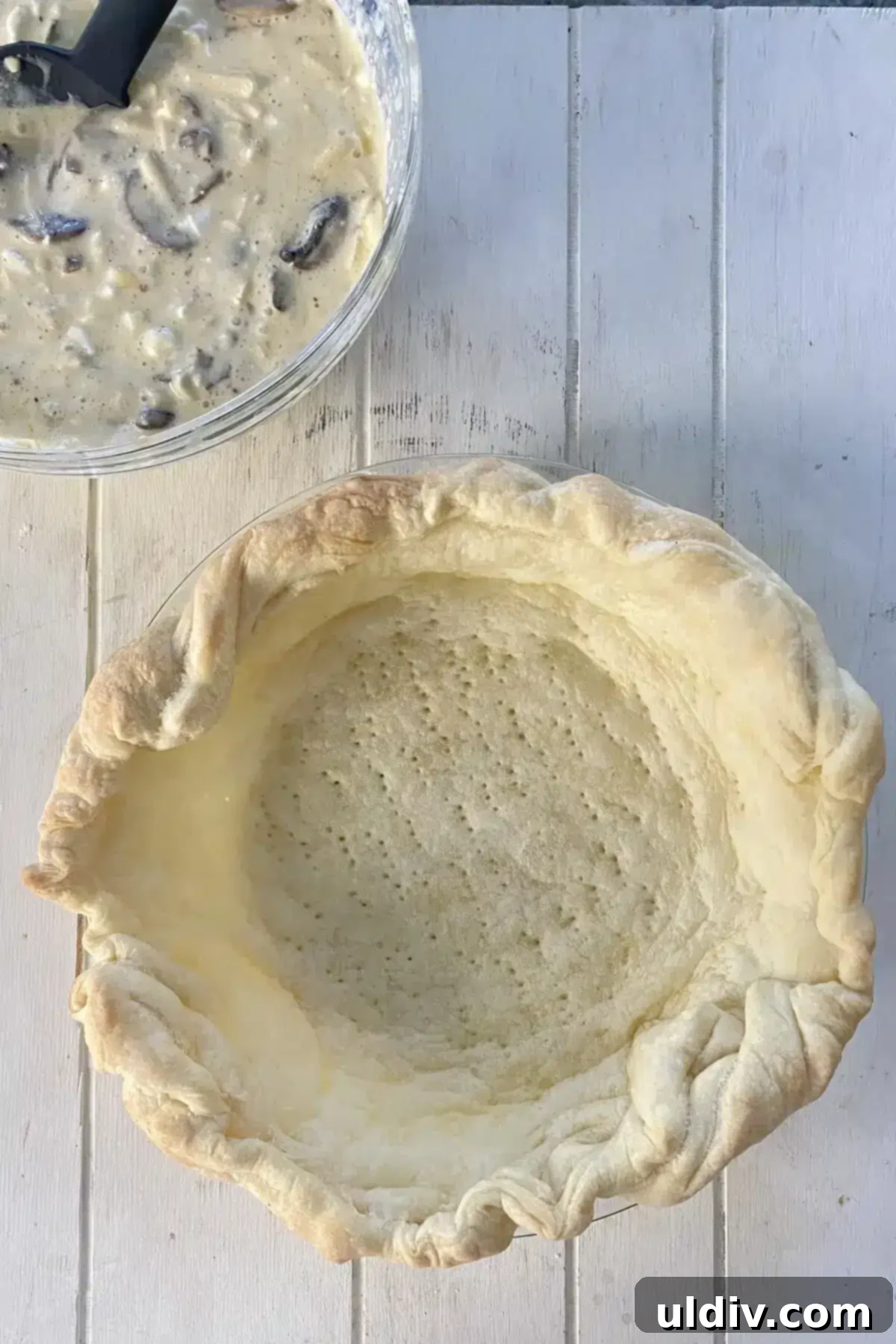 Golden Flaky Mushroom Quiche 6 a parbaked puff pastry pie crust.