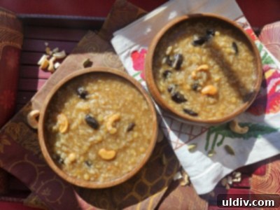Pongal An Indian Harvest Celebration 6 Sweet Pongal garnished with nuts and raisins, ready to be served