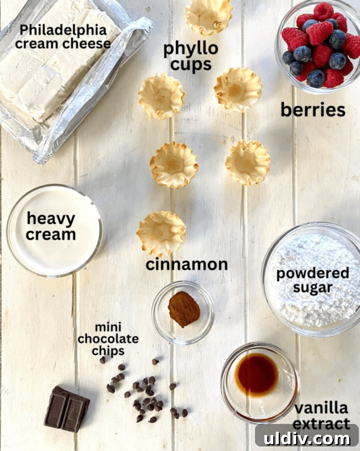 Simple Philadelphia No-Bake Cheesecake Bites 4 Cream cheese, powdered sugar, cinnamon, vanilla, chocolate chips, berries, phyllo cups.