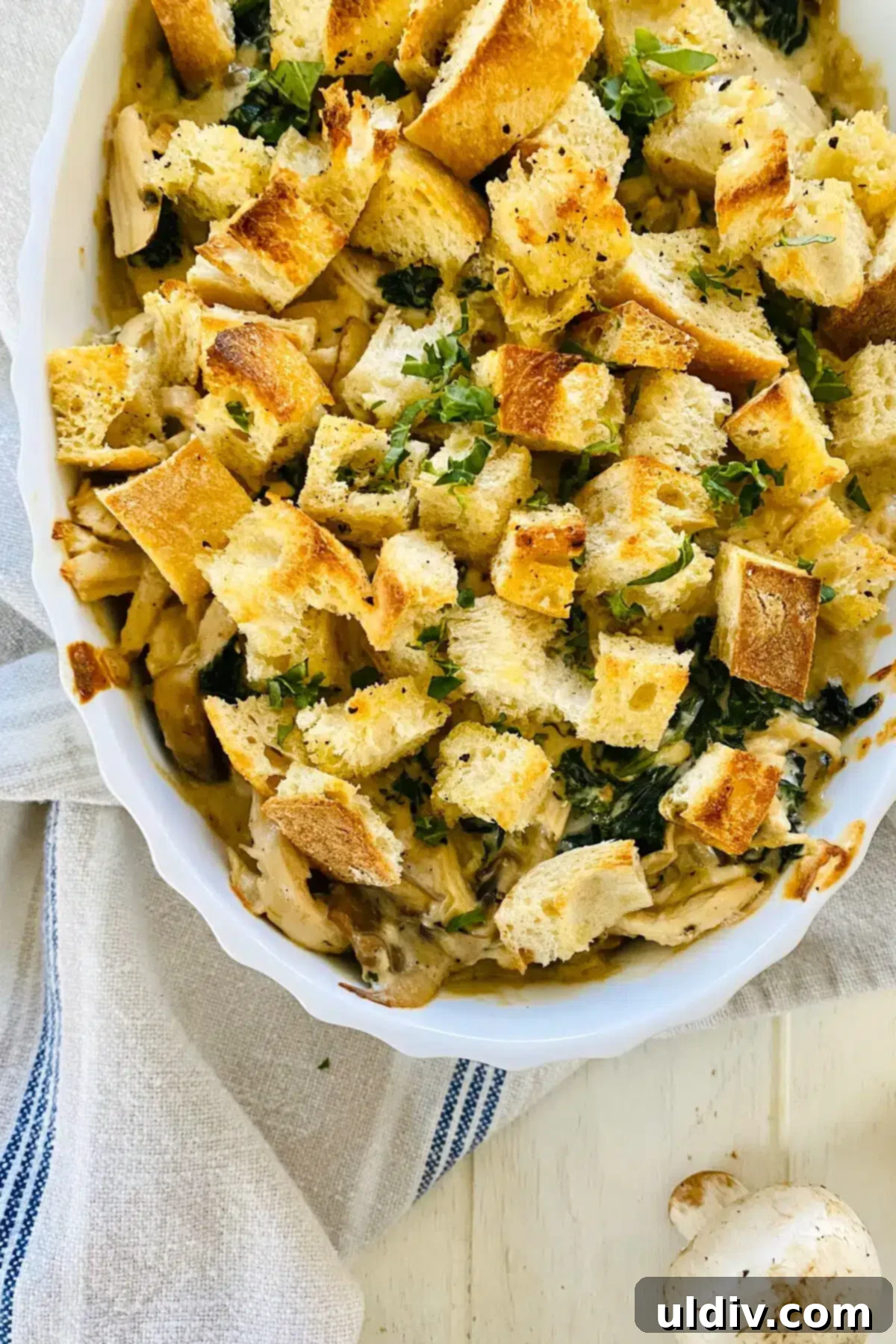 Comforting Creamy Chicken and Kale Casserole 14 A close-up of the baked chicken casserole with its perfectly golden, crispy croutons.