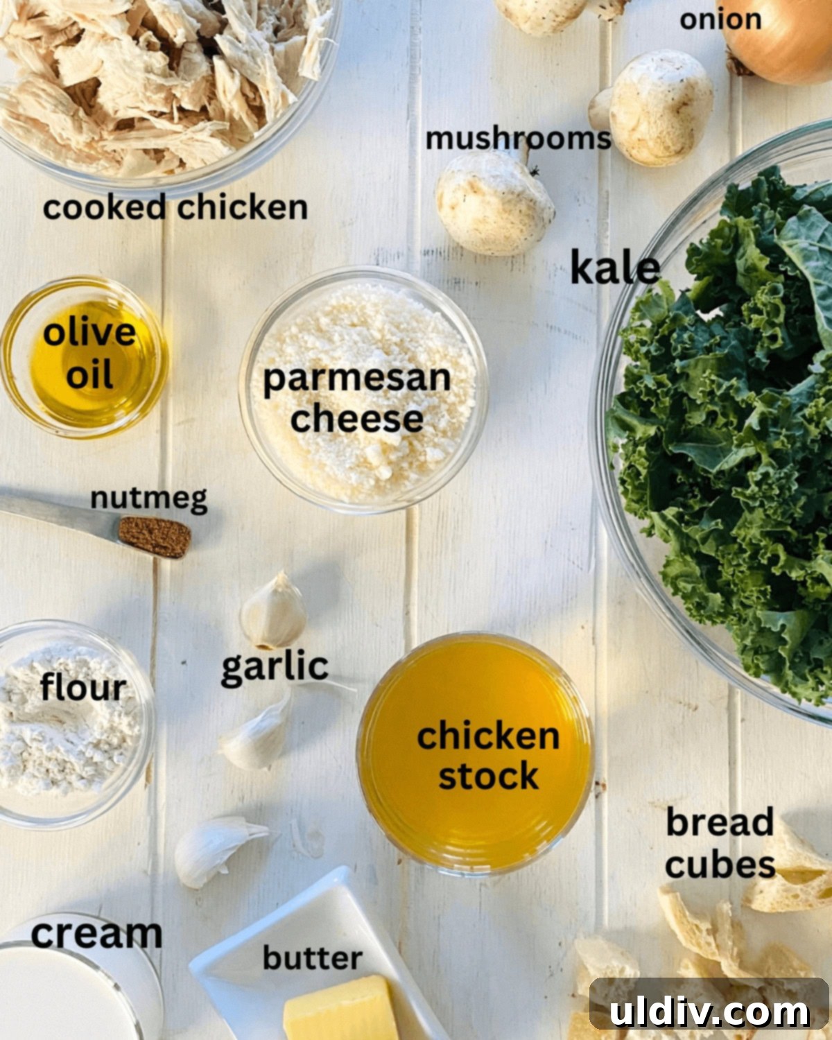 Hearty Creamy Chicken and Kale Bake 4 Various ingredients for chicken and kale casserole: cooked chicken, fresh kale, flour, sliced mushrooms, cream, chicken stock, and grated Parmesan cheese.