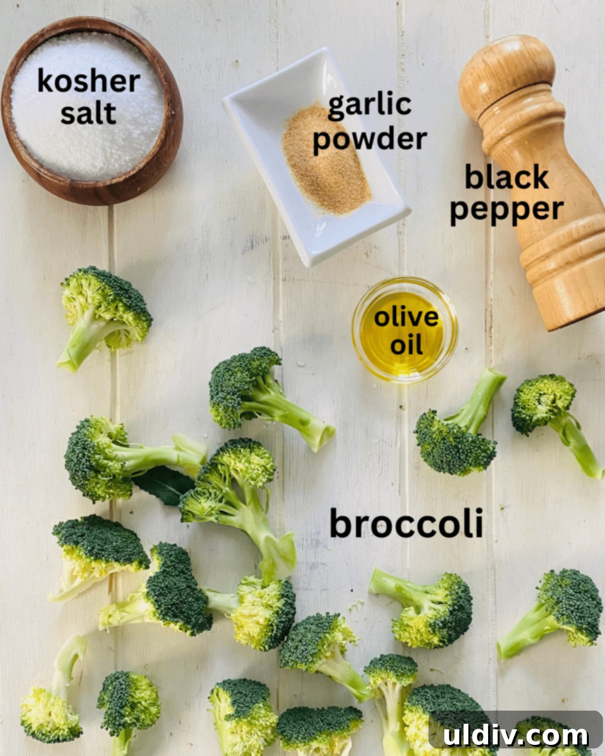 Golden Garlic Crispy Broccoli 4 broccoli florets, kosher salt, peppermill, olive oil, garlic powder.