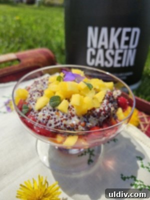 Naked Nutrition Casein Honest Review 6 A beautifully plated creamy quinoa pudding infused with Naked Casein, topped with fresh mango and sour cherry sauce.