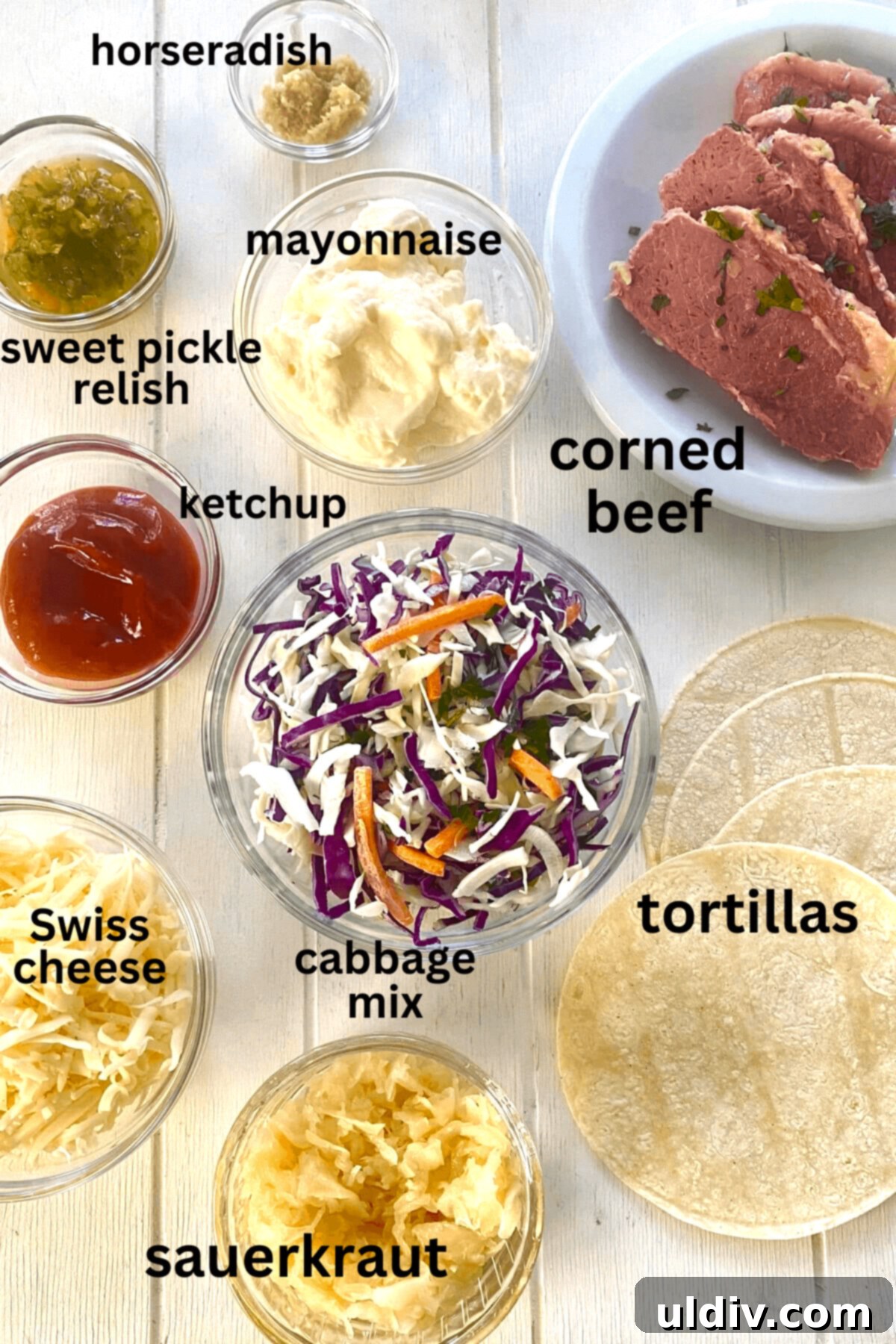 Irish Tacos: The Corned Beef & Cabbage Twist 4 A selection of key ingredients for Irish Tacos: cooked corned beef, corn tortillas, mayonnaise, ketchup, cabbage, Swiss cheese, sweet pickle relish, and ground horseradish.