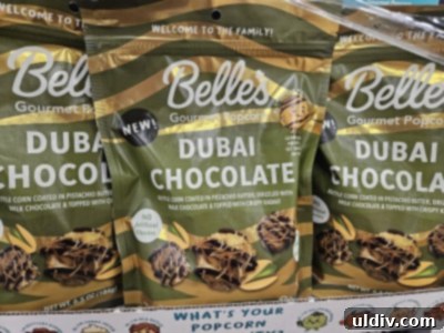 Unwrapping the 2025 Sweets & Snacks Expo 9 Dubai chocolate popcorn showcased in a transparent bag, a novel application of the popular flavor trend.