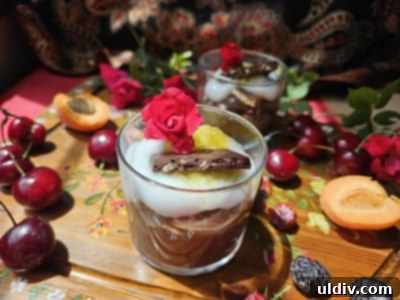 2025: A World of Chocolate Delights 3 Close-up of a layered chocolate parfait with cookies, yogurt, and jam