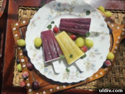 Summer 2025: Savoring Summers Past 3 Two vibrant grape popsicles, one red and one green, in a rustic setting.