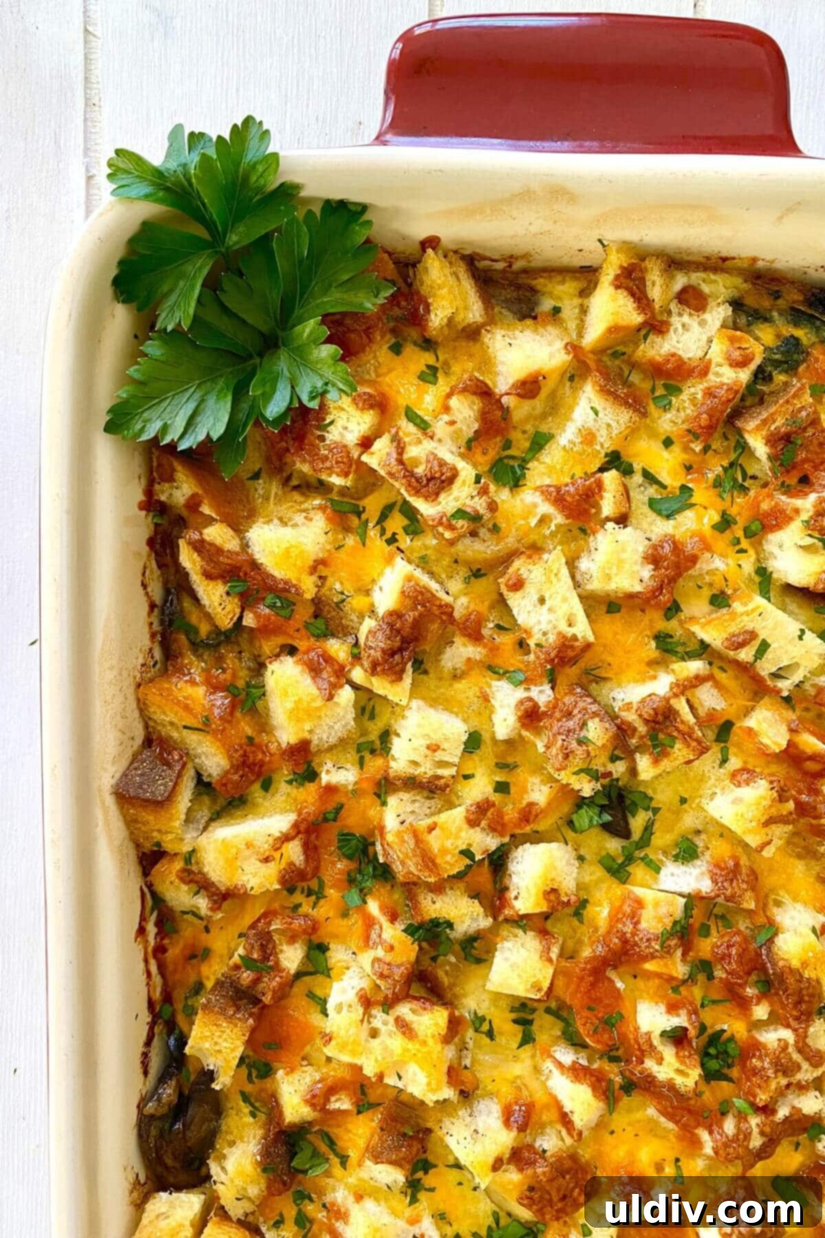 Sausage, Mushroom & Spinach Breakfast Strata 2 Breakfast Egg Casserole with Croutons, Sausage, Mushrooms and Spinach, ready to be served from a baking dish.