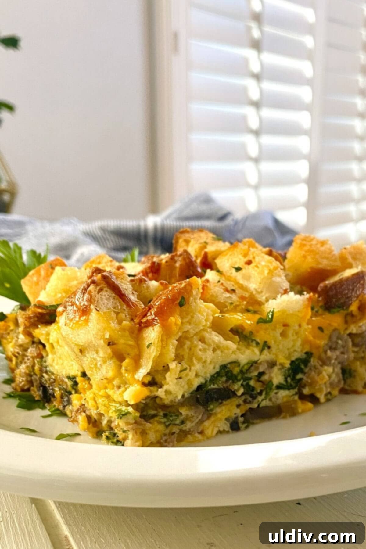 Sausage, Mushroom & Spinach Breakfast Strata 16 A single piece of breakfast casserole with visible sausage, eggs, and a golden crouton crust.