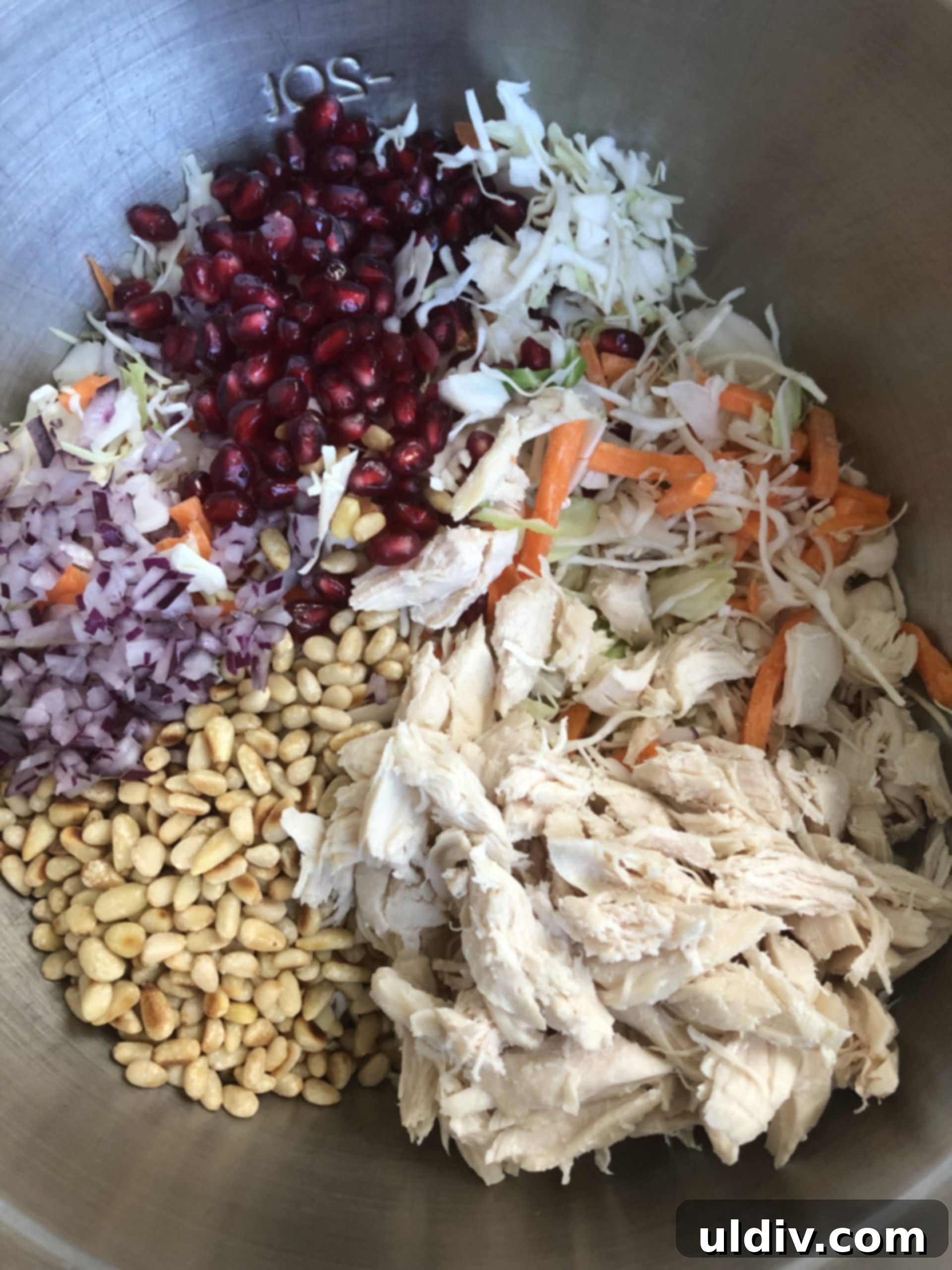 Mediterranean Chicken Slaw with Pomegranate and Toasted Pine Nuts 4 A large mixing bowl showcasing the fresh, prepared ingredients for chicken coleslaw, including shredded chicken, colorful coleslaw mix, red onion, pomegranate arils, and pine nuts, ready for assembly.