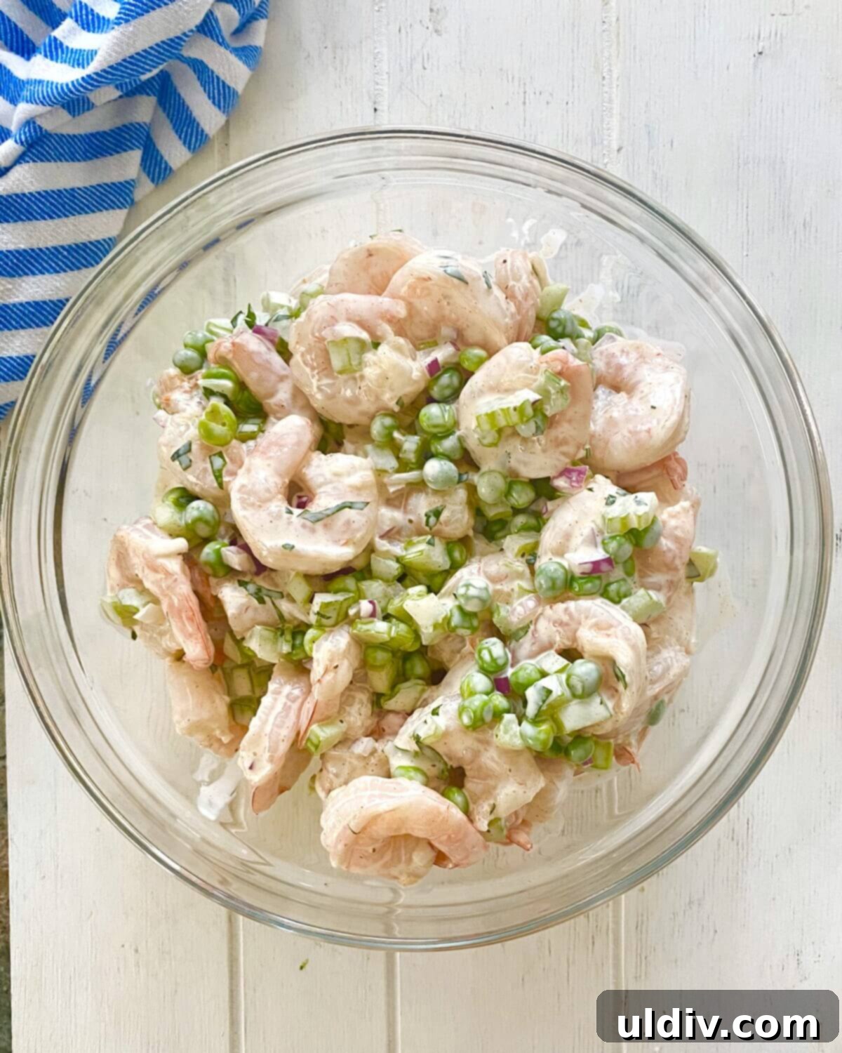 Quick Old Bay Shrimp Salad Sensation 11 bowl of creamy shrimp salad with Old Bay dressing.