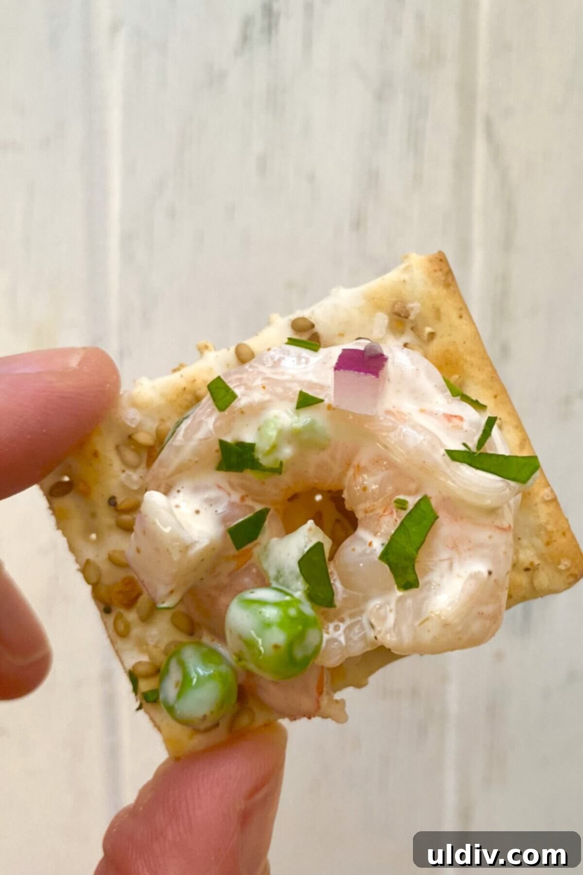 Quick Old Bay Shrimp Salad Sensation 13 shrimp salad on a cracker.