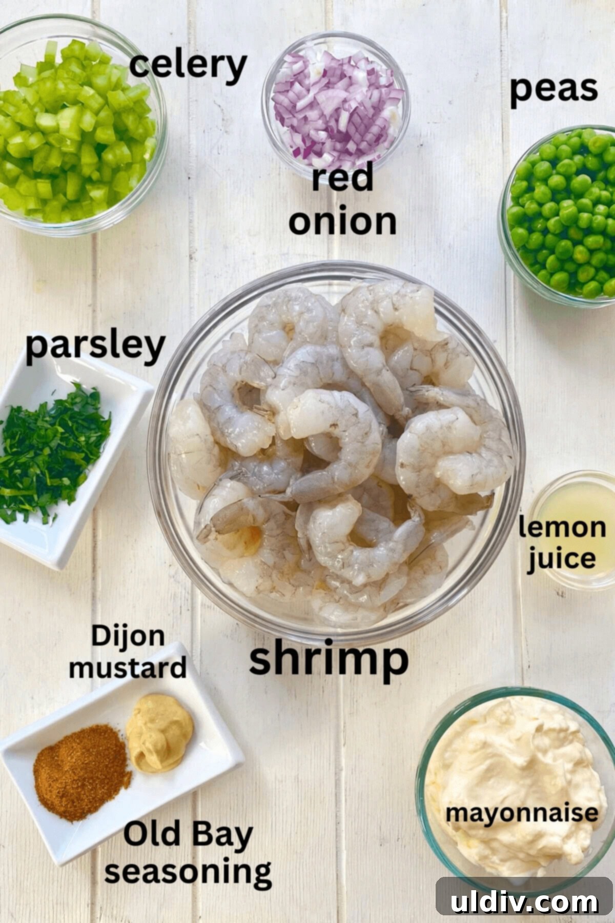 Quick Old Bay Shrimp Salad Sensation 4 uncooked shrimp, celery, peas, mayo, onion, lemon juice, Old Bay, mustard.