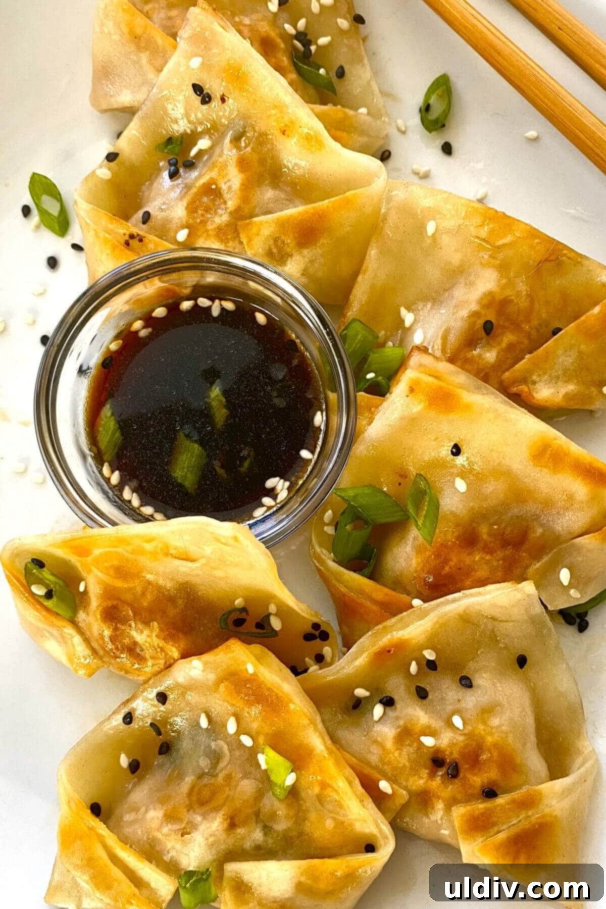 Crispy Pork Potstickers with Zesty Dipping Sauce 14 Pork potstickers on a plate with dipping sauce and chopsticks.