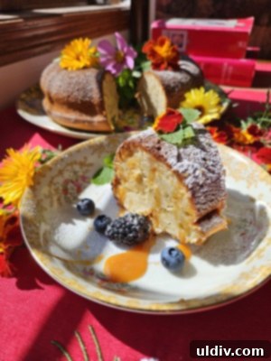 Sunshine Lemon Balm Bundt Cake 7 An artfully arranged serving of lemon balm cake on a white plate, garnished with fresh berries and a drizzle of caramel sauce