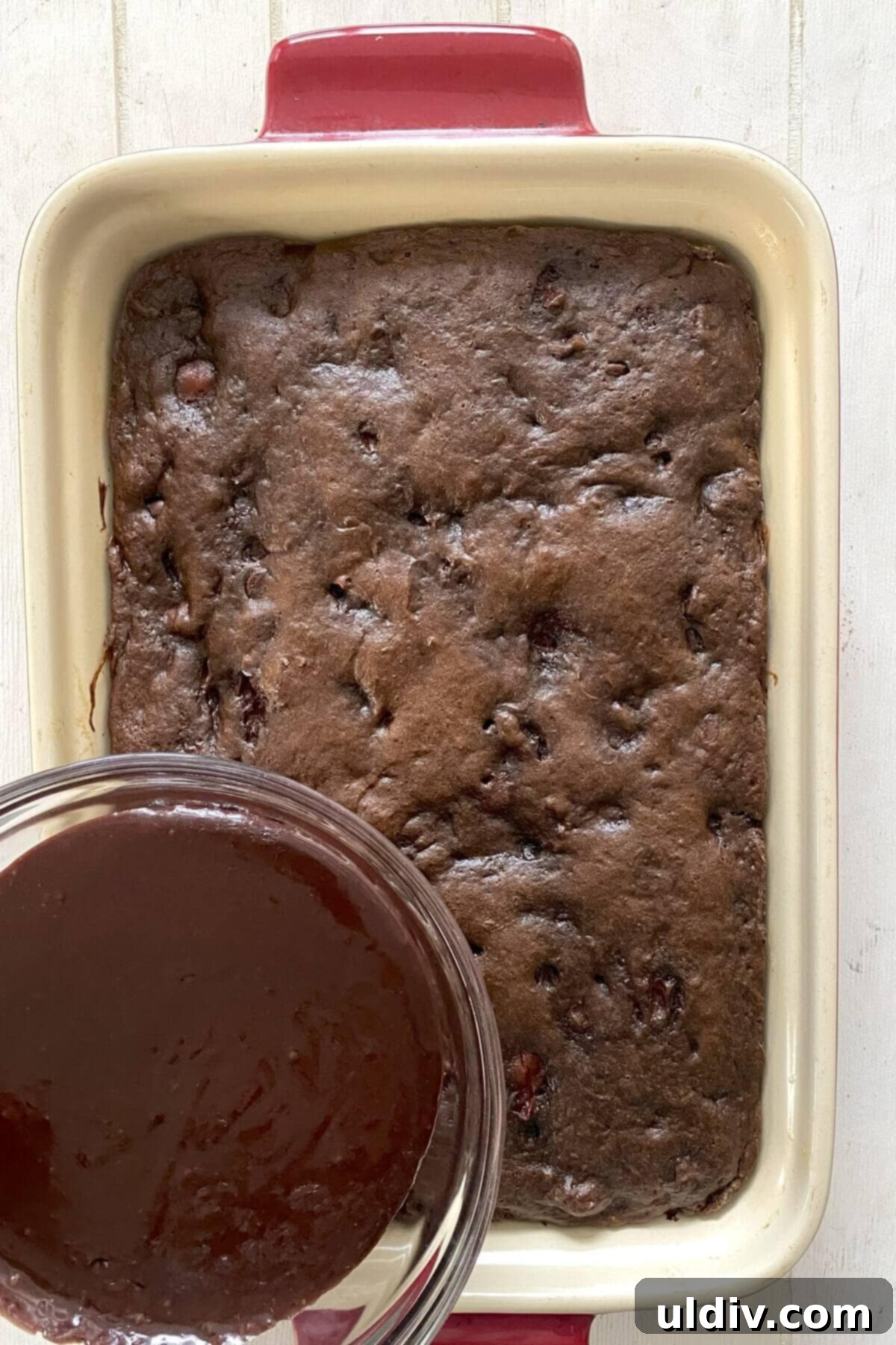 The icing and baked chocolate cake.