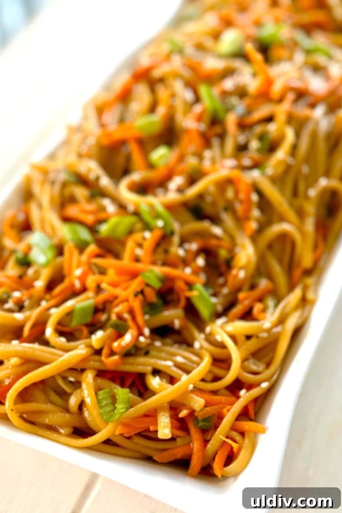 Effortless One-Pot Garlic Sesame Noodles 12 A large serving dish overflowing with delicious Asian noodles, garnished and ready for a meal.
