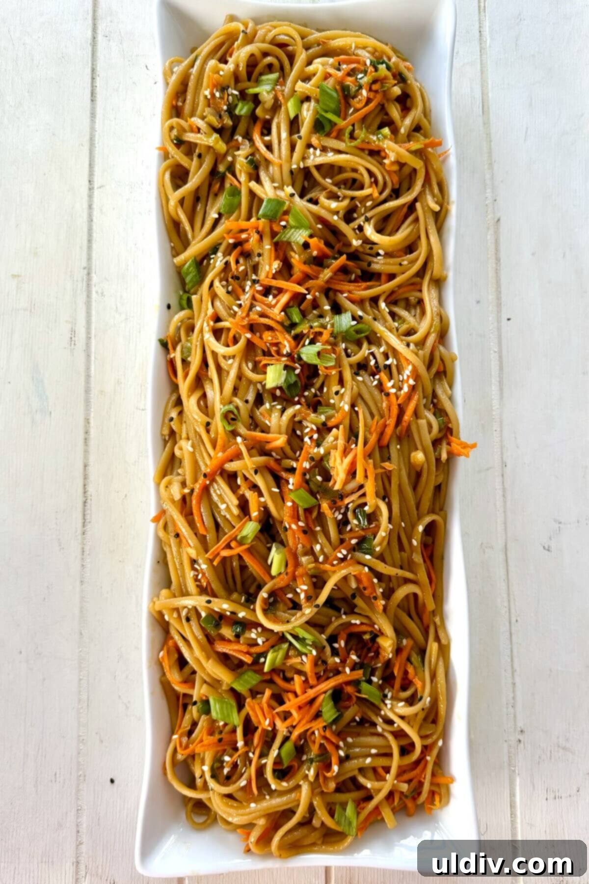 Effortless One-Pot Garlic Sesame Noodles 10 A large serving dish filled with freshly made garlic sesame noodles, ready for presentation.