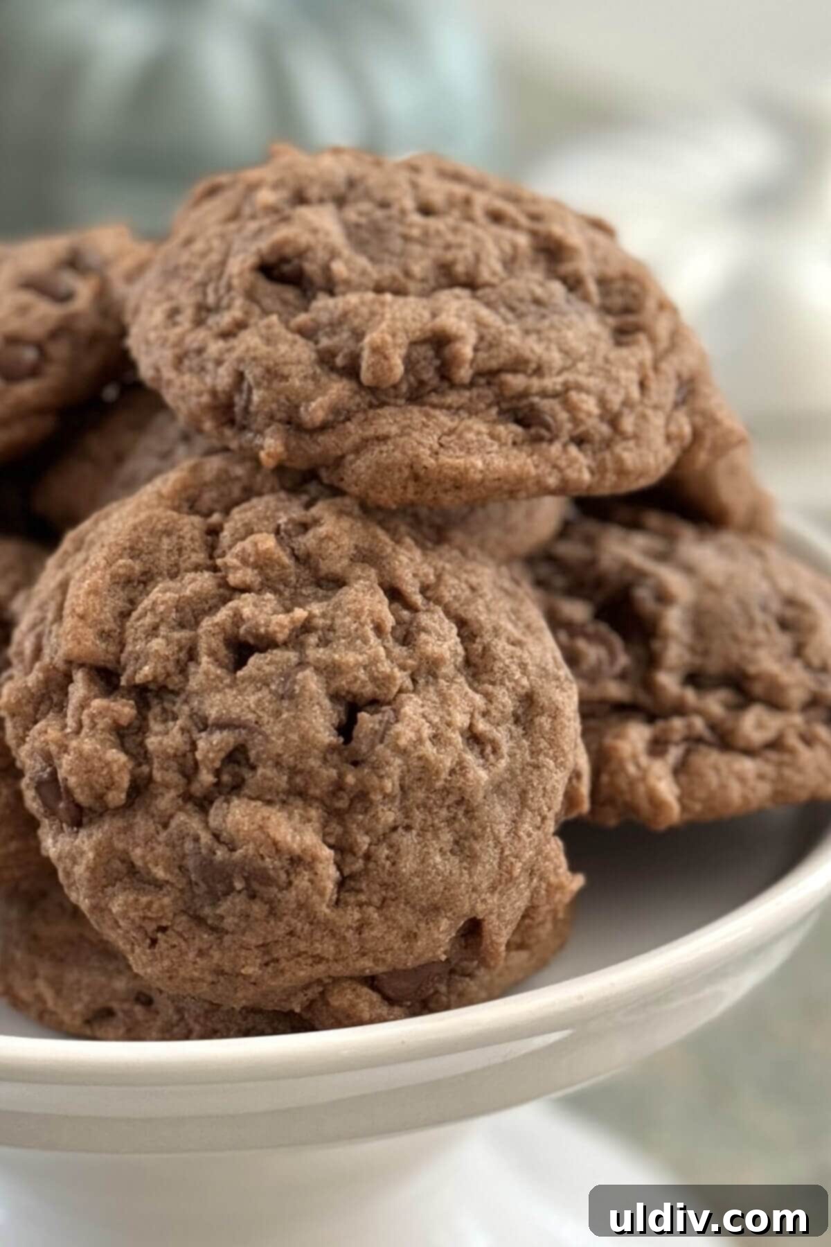 Decadent Double Chocolate Pudding Cookies 2 A stack of chocolate chocolate chip pudding cookies, showcasing their soft, thick texture and abundant chocolate chips.